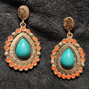 Blue and Orange Teardrop Earrings with Intricate Filigree